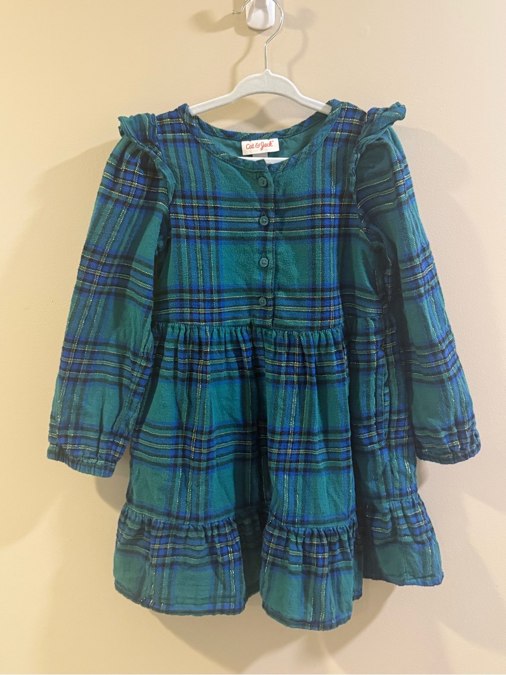 Cat & Jack Teal and Blue Plaid Ruffled Button-Front Kids Dress